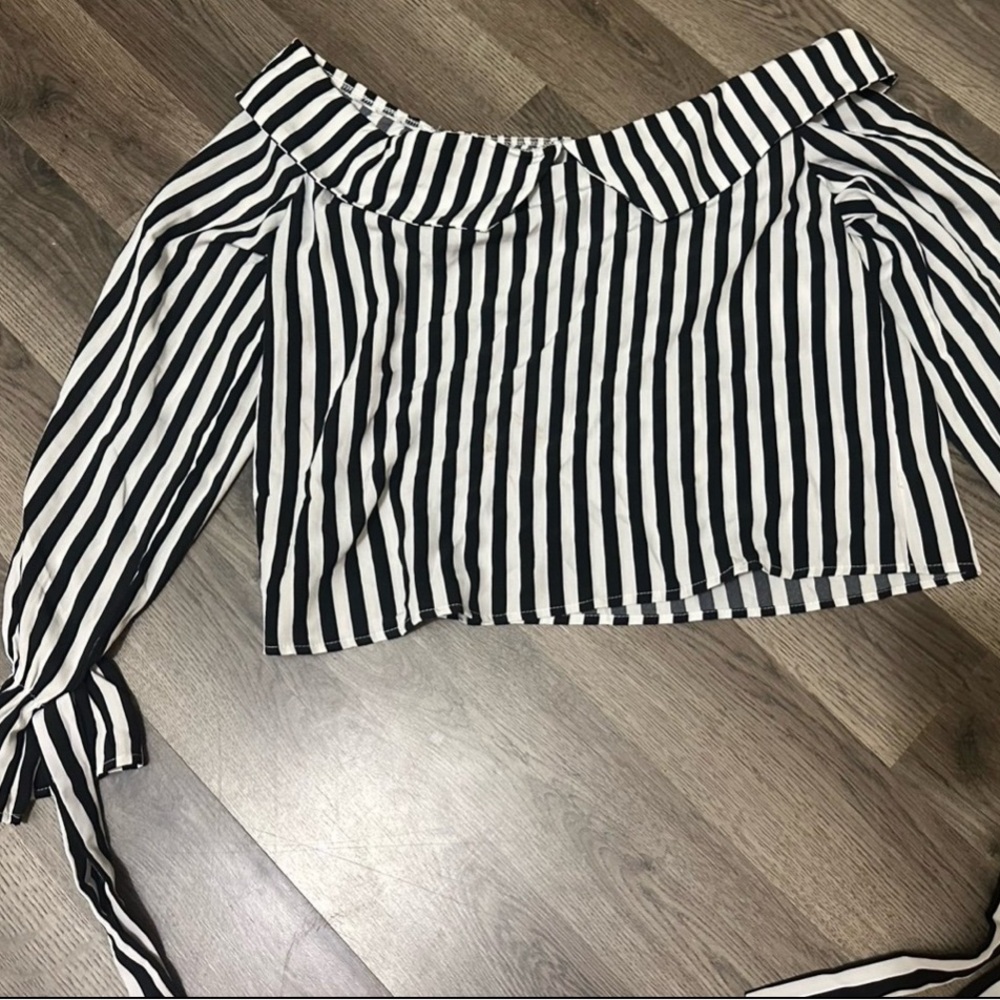 SHEIN Black and White Striped Off-Shoulder Crop Top